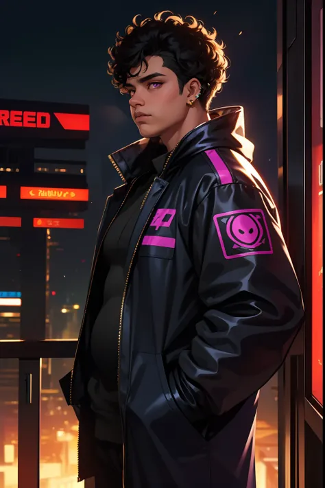 n the style of cyberpunk futurism, 1boy, man, round face, young, teen, fat, obese, overweight, black skin, tanned skin, single male, curly hair, short hair, overcut hair, black hair, purple eyes, golden ear piercing, death eyes, navy blue cloak, casual clo...