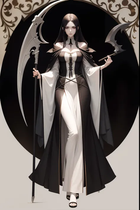 tall, thin, gothic woman with gaunt features, bone wings, wearing a billowing robe, holding a scythe