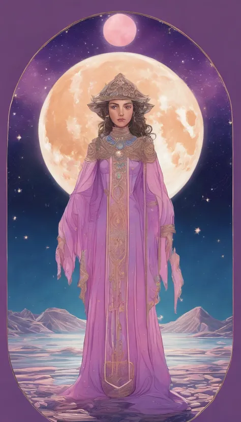 A distant cosmic being, standing with a pink cloak, below an inverted U-shaped portal. The feminine cosmic being with a SWARD on the watery ground in one hand and a LANTERN in the other hand, facing the portal and back to the screen, against a background o...