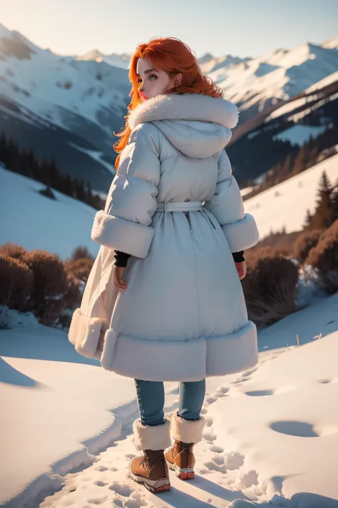 Dilara Toprak, beautiful Turkish girl, standing on a snow mountain, looking away at beautiful snow view, turned back against camera, wearing white fur coat, blue dominant coloring, Turkish face features, light hair, a stunning realistic photograph 20 years...