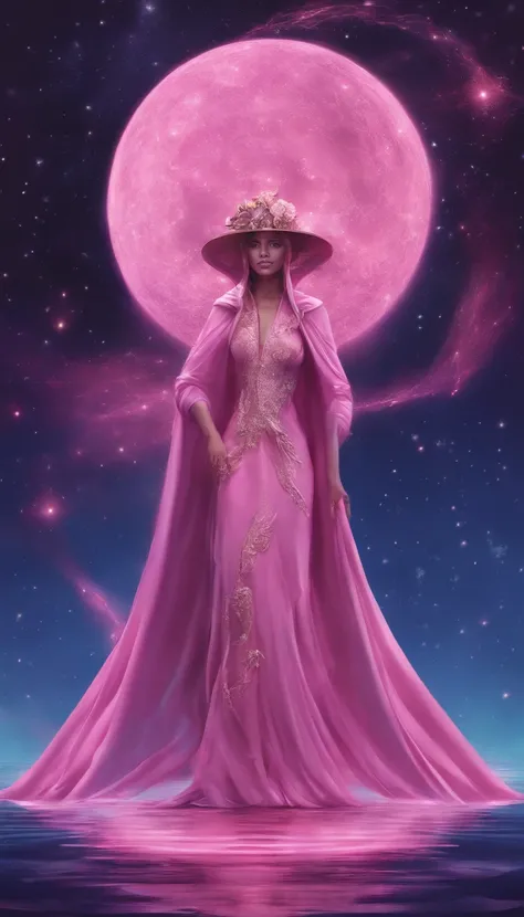 A distant cosmic being, Standing in a pink robe, abaixo de um portal. The female cosmic being with uM stick touching the water ground in one hand and a FLASHLIGHT in the other hand, de frente para o portal e de volta para a tela, contra um fundo de violeta...