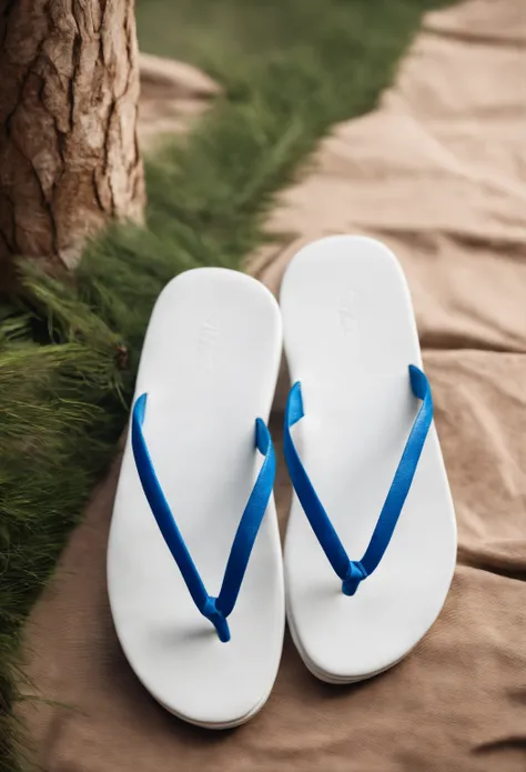 pair of white slippers with blue handles and a pine branch, Chinelos, Chinelos, summer season, Summer Feeling, Summer vibe, sem folhas