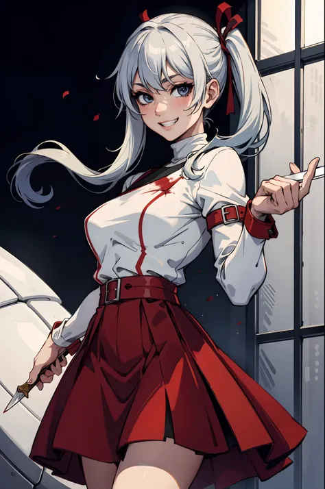 (masterpiece, best quality),1 girl, crazy,grin, holding a knife, wearing a white turtle neck,blood on clothes,anime, yandere