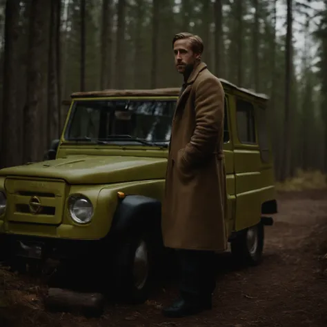 Ryan Gosling dressed by Varg Vikernes, in the woods, next to the Russian UAZ car