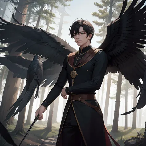 Actor Steven John Ward, black wings with feathers in the shape of swords, in the distance, background of a lodge in the middle of the forest, medieval style.