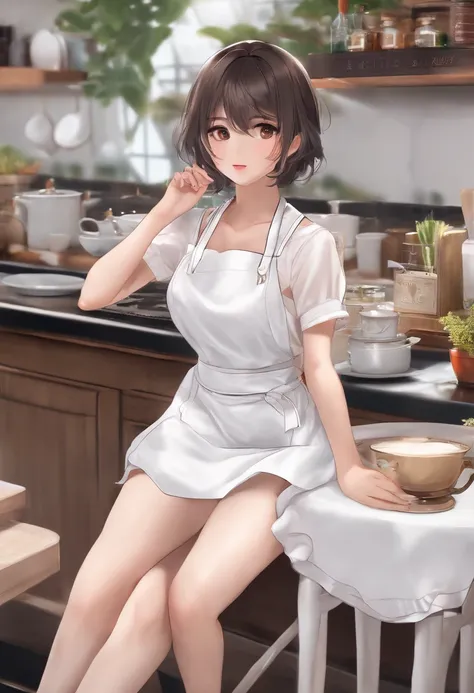 ((top quality, 8k, masterpiece: 1.3)), 1 beautiful Japan girls, beauties with slender abs: 1.3, (medium short hair, big: 1.2), (white naked apron: 1.3), ultra-detailed face, detailed eyes, double eyelids, café background, leaning forward, hands on knees,