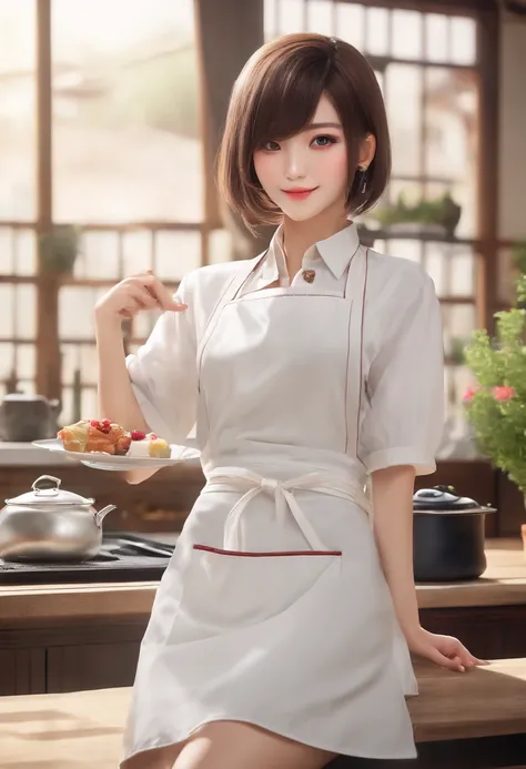 ((top quality, 8k, masterpiece: 1.3)), 1 beautiful Japan girls, beauties with slender abs: 1.3, (medium short hair, big: 1.2), (white naked apron: 1.3), ultra-detailed face, detailed eyes, double eyelids, café background, leaning forward, hands on knees,