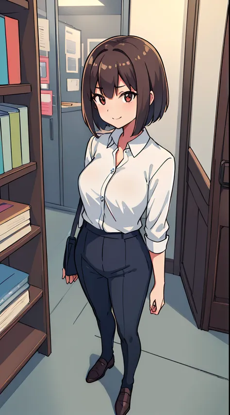 hiquality, tmasterpiece (one adult girl). tall stature. solid. office worker, bob hairstyle. short, straight hair, brown-hair,  ...