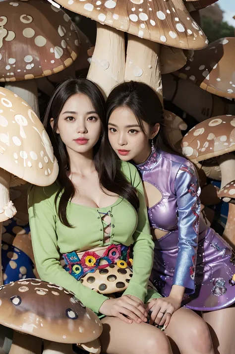 Smiling,Face focus,(alebrijes art style), （a couple of lesbians:1.4) sitting together on a (giant mushroom:1.4),fantastical world,fantasy,vivid color,lewd,leering:1.3,Masterpiece, Best quality, intricately details, absurderes,,(ulzzang-6500-v1.1,pureerofac...