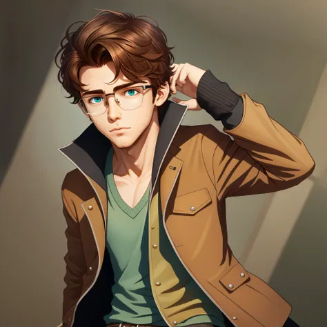 There is a young man wearing glasses and a brown jacket,about 18 years old,short wavy brown hair,Nimona animation style