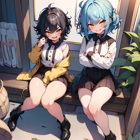 masterpiece, best quality, high quality, 1 girl, solo, anime girl with deep blue hair sitting on the ground, small loli, ((thigh...