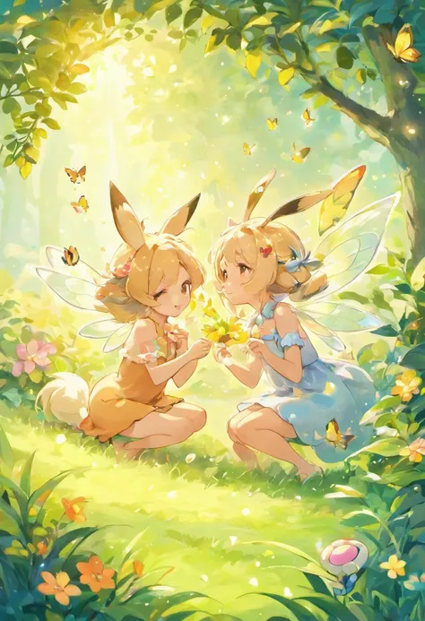 best quality,ultra-detailed,realistic,2girls,beautiful detailed eyes,beautiful detailed lips,longeyelashes,bug type eevee,pokemon,garden,flowers,butterflies,mystical background,enchanted,sparkling lights,vibrant colors,soft textures,stunning illustration,c...