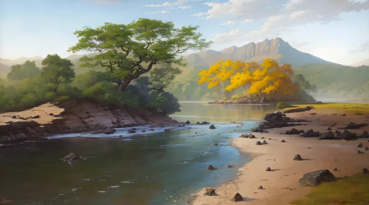 painting of a river with a tree and a mountain in the background, Inspirado em Sung Choi, inspirado em Christophe Vacher, peaceful landscape, Silvain Sarrailh, scenery artwork, paisagem serena, realistic landscape, WLOP e RHADS, pintura de paisagem de fant...