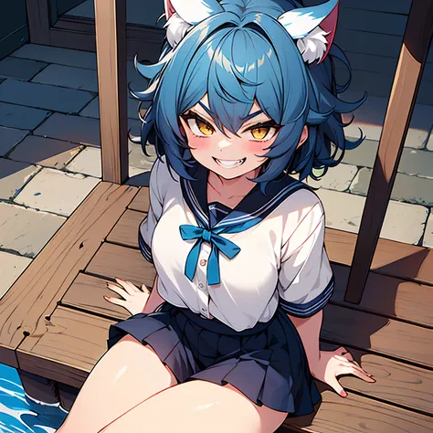 Masterpiece, best quality, high quality, 1 girl, solo, Anime girl with deep blue hair sitting on the ground, small loli, ((thighs thighs thighs thighs!!!)), ((cheek bulge)), Big ass, blue hair, ((Medium short hair)), ((messy Hair)), (Short hair), (((Unkemp...