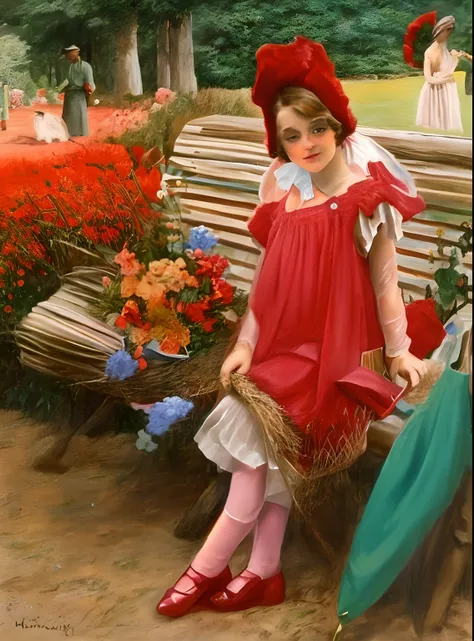 pintura de uma mulher sentada em um banco com flores e guarda-chuvas, inspirado em Margaret Brundage, Directed by: Albert Kotin, em um vestido vermelho da era vitoriana, Jehan Georges Vibert, menina usa um vestido vermelho, Directed by: Margaret Brundage, ...