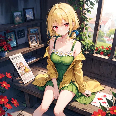 a blond、poneyTail、red eyes、Beautiful girl alone、Yellow-green dress、off shoulders、a miniskirt、Black tights、sitting on、flower  field