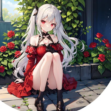 wavy silver hair、red eyes、Beautiful girl alone、Bright red dress、off shoulders、a miniskirt、Black tights、sitting on、poneyTail、rose garden