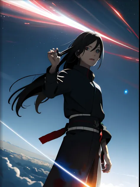 Vast sky, lindo horizonte, grandes pastagens, intense and dramatic images, visuais em movimento, estrelas do norte penduradas, luz natural colorida. Itachi uchiha, ultra realista, muito detalhado, ultra detalhado, ultra-detalhado, with a bleeding left arm,...