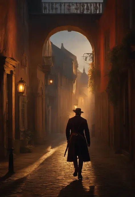 Theres a man walking into a shadowy town with a shotgun in his hand, hes from the 18th century ARte painting.