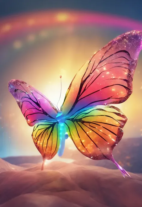 A glowing butterfly with rainbow wings. Voando graciosamente e deixando um rastro de cores pelo ar.