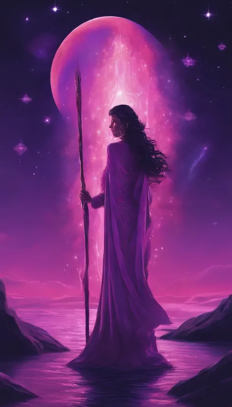 A distant cosmic being on his back and standing with a pink and violet cloak, entrando em um portal em forma de U invertido. The cosmic female being has an ancient wooden staff in one hand touching the water ground and in the other hand a torch of fire on ...