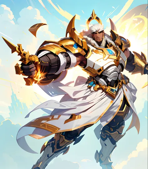 a close up of a man, concept art of god, a saints halo, greek god in mecha style, doomfist, heavy white and golden armor, holy paladin, npc with a saints halo, concept art, god of iron