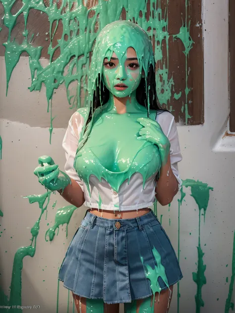 best quality, hd, masterpiece, hyper realistic, super detailed, extreme realism, (photo realistic: 1.5), (21-year-old Asian woman: 1.9), beautiful face, delicate eyes, cleavage, (wet slime dripping down head: 1.7), (wet slime dripping: 1.2), 1 woman, schoo...