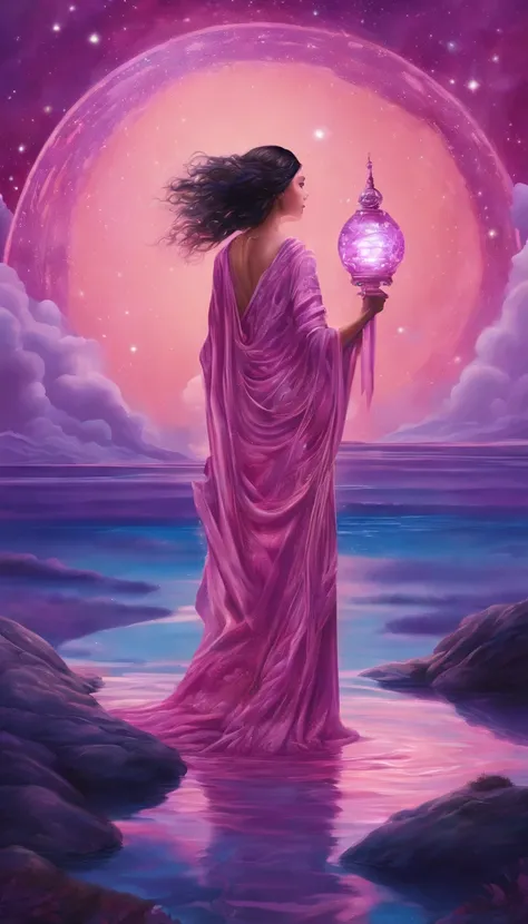 A distant cosmic being on his back and standing with a pink and violet cloak, entrando em um portal em forma de U invertido. The cosmic female being has an ancient wooden staff in one hand touching the water ground and in the other hand a lit lantern, em u...