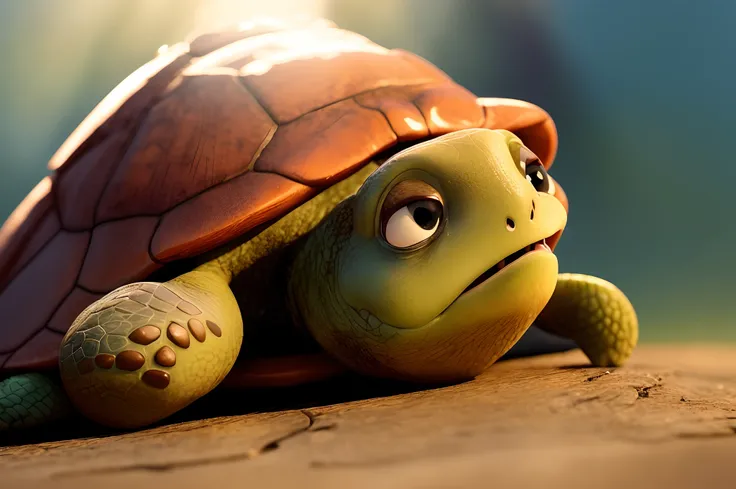 There is a small turtle that is lying on the ground, anthropomorphic turtle hero, anthropomorphic turtle, as an anthropomorphic turtle, animated film, an anthropomorphic turtle, animation movie still, 3 d animated movie, Anato Finnstark. Pixar, Vista macro...