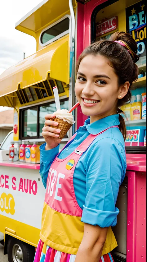 An attractive ice cream woman stands in front of her colorful ice cream truck, holding out a delicious ice cream cone to the viewer. She is wearing a cute uniform and her hair is styled in a playful ponytail. Her smile is warm and inviting as she offers th...