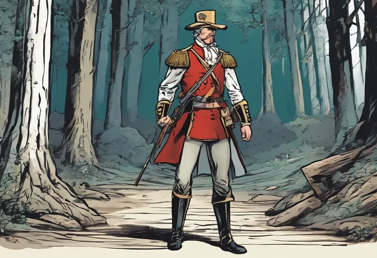 There is a city with a wall protecting. A fearless man walking out the doors into a shadowy forest with a shotgun in his hand. Eighteenth century style clothes of the French wars