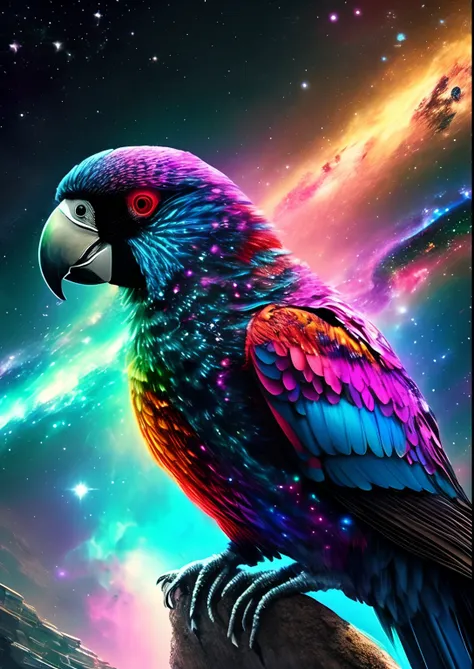 dreamlikeart,  galaxies, space, nebulae, stars, [cyberpunk] parrot from (stars:1.5),