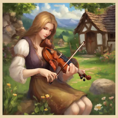 top-quality, ​masterpiece, ultra-detailliert, elvish, Play the violin, In European villages, Sad atmosphere