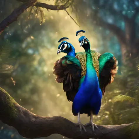 Close-up of a legendary peacock with colorful feathers, Galactic Eye, Shiny fur, Detailed plumage, Finely large eyes.., An owl is landing on an alien branch.. , Look at the audience with judgmental eyes.., Focus, alien landscape background .romper,Detailed...