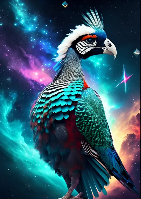 dreamlikeart, galaxies, space, nebulae, stars, peafowl,[cyberpunk] parrot from (star:1.5),