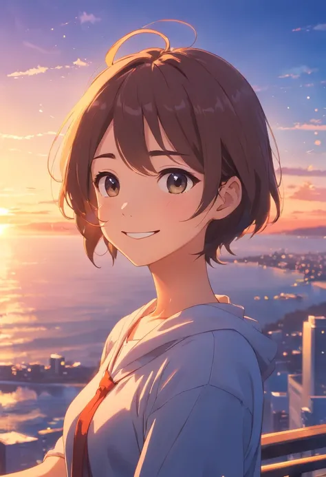 Icone de Smile, obra-prima, melhor qualidade, filme ainda, floating into the sky, close-up, brilhante, feliz, Soft lighting and Warm, sun sunset, (Sparks: 0,7)