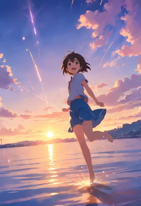 Icone de Smile, obra-prima, melhor qualidade, filme ainda, floating into the sky, close-up, brilhante, feliz, Soft lighting and Warm, sun sunset, (Sparks: 0,7)