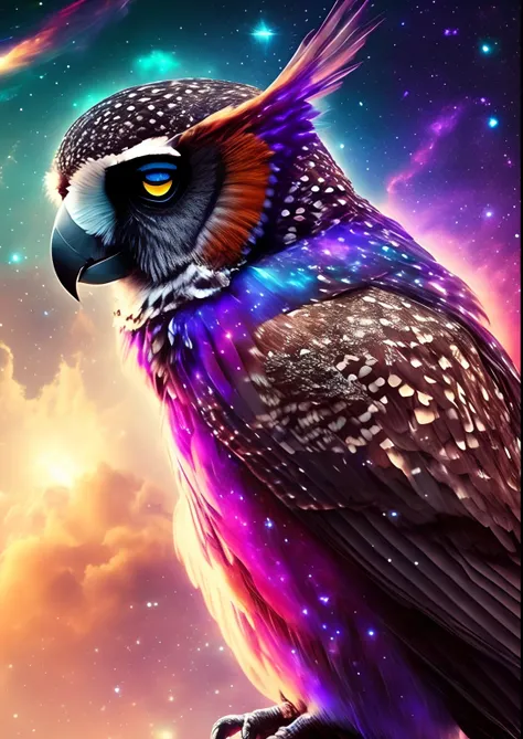 dreamlikeart, galaxies, space, nebulae, stars, owl [cyberpunk] parrot from (star:1.5),