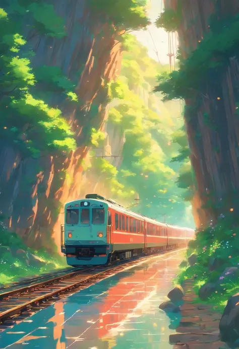 Obra maestra de alta calidad ，Paisaje，Anime train passing through bodies of water on the tracks， Cielo estrellado brillante。Romantic Train，Pisif，Concepto-Arte，Estilo de arte lofi，Reflectores。 por Makoto Shinkai, Arte Lofi, Hermosas escenas de anime, Paisaj...