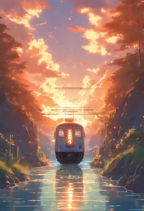 Obra maestra de alta calidad ，Paisaje，Anime train passing through bodies of water on the tracks， Cielo estrellado brillante。Romantic Train，Pisif，Concepto-Arte，Estilo de arte lofi，Reflectores。 por Makoto Shinkai, Arte Lofi, Hermosas escenas de anime, Paisaj...