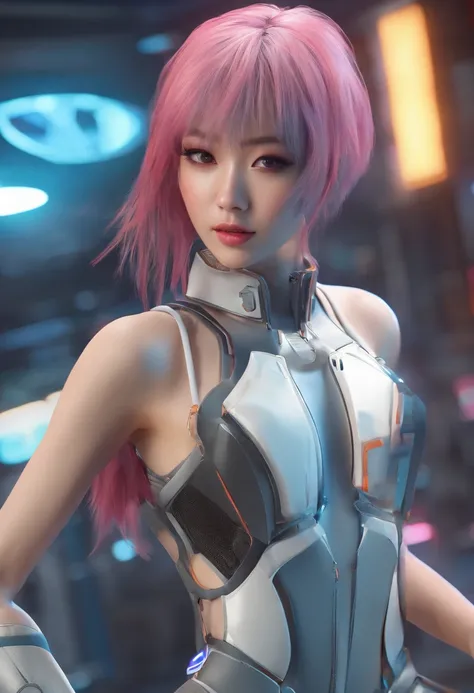 sexy korean emo girl with dyed hair in a full sci-fi racing suit scantily clad