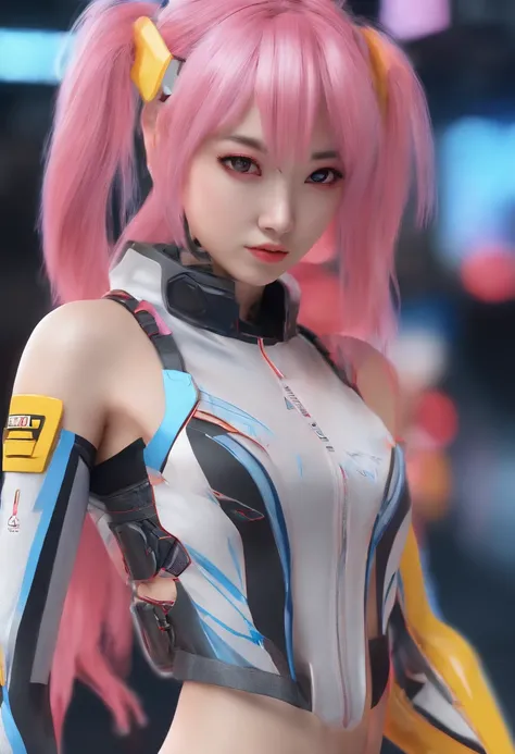 sexy korean emo girl with dyed hair in a full sci-fi racing suit scantily clad