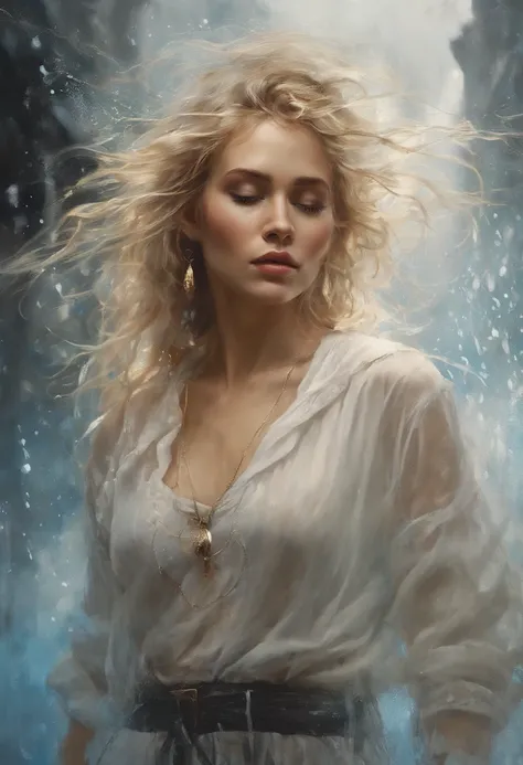 beautiful caucasian woman wearing trendy clothing, light blond hair, Attractive posing, Full body, perfect detailed face, frame the head, Odd-eye, glamour, wear wet see-through white T-shirt, wet skin, Wet hair, rain, hyperdetailed painting, luminism, art ...