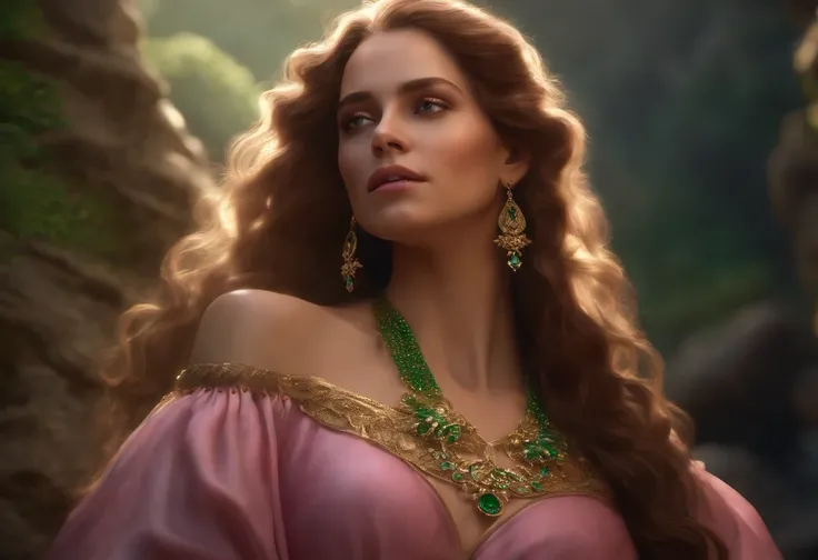 ((On a rock)) A beautiful princess with gold luminisent long curly hair, wearing an off shoulder pink transulent rayan dress with pleated sleeves, gold gems laced with gold around her neck arms and torso around her neck (( green shimmering  pendant)) in he...