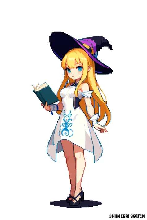 (masterpiece, top quality, best quality), pixel,pixel art,1girl,full body, Sexy witch、Beautie、 are visible、 blonde hair、teats、natta、a table、bookshelves 、hide female genitalia、white witch hat、plain slim white dress、straight long hair、straight even bangs