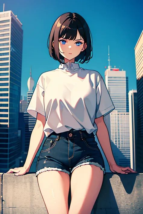 1girl, short black hair, blue eyes, wearing plain white shirt, denim shorts, city, absurdres, high res, ultrasharp, 8K, masterpiece, looking at viewer