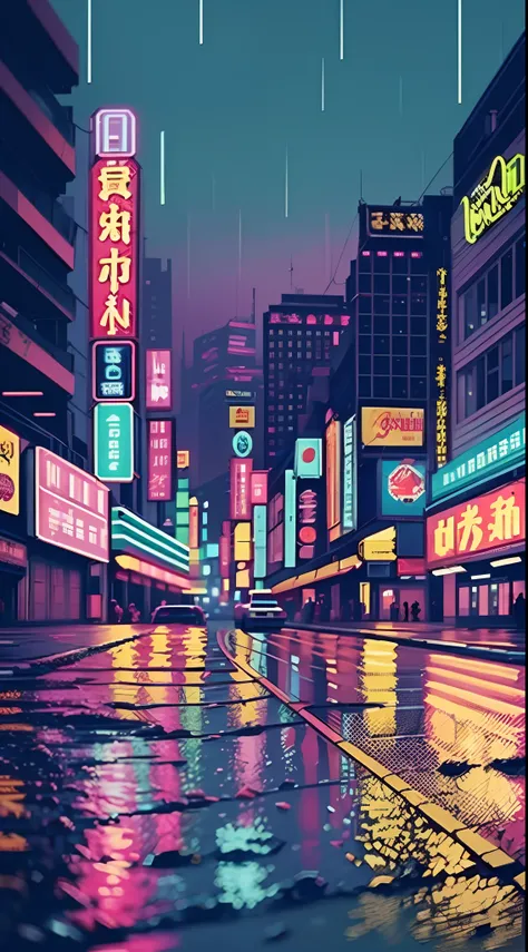 (efeito bokeh), (dinamic angle), ((obra-prima)), (streets of tokyo), (zebracross), (chuva), (noite), cidade vazia, escuro, (neon), pixelart, ((pixelado)), cyberpunk, (retro)