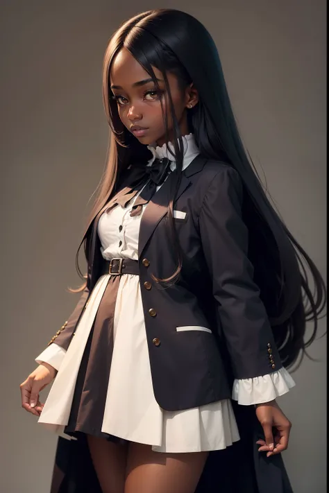 girl with very dark skin and long hair, beautifully dressed