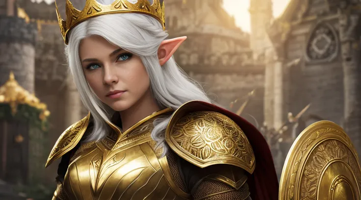 ((best quality)), ((masterpiece)), (((realistic)), (A tall, white-haired elf woman), full body, green eyes, female face, (holding a sword and shield), carved metal top, real aura, trend in artstation, sharp focus, studio photo, intricate detail, very detai...