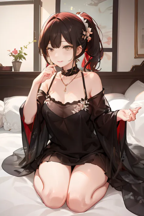 Blushing cheeks、shyly smile、optic、Upper body naked、Lovely woman,48 years old Shirtless、florals、hair pin、a necklace、piercings、Sleeping face down on the bed、depth of fields、pointed red mouth、Glossy reddish-brown shorthair、disheveled ponytail、closing eye、鎖骨、B...